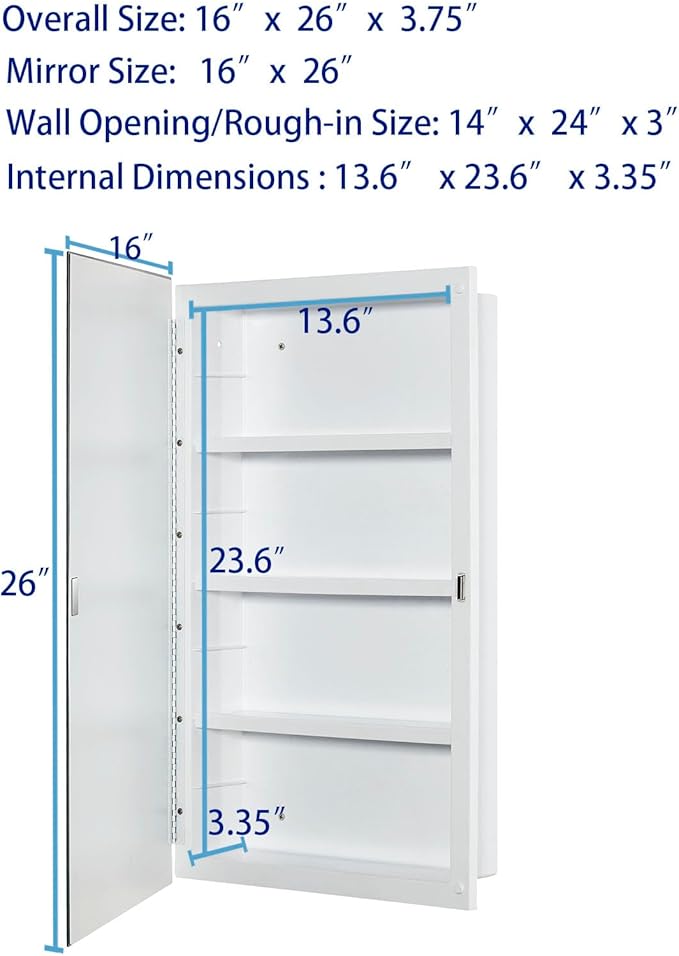 Plastic Medicine Mirror Cabinet for Bathroom 16 x 26 inch, Surface and Recessed Mount