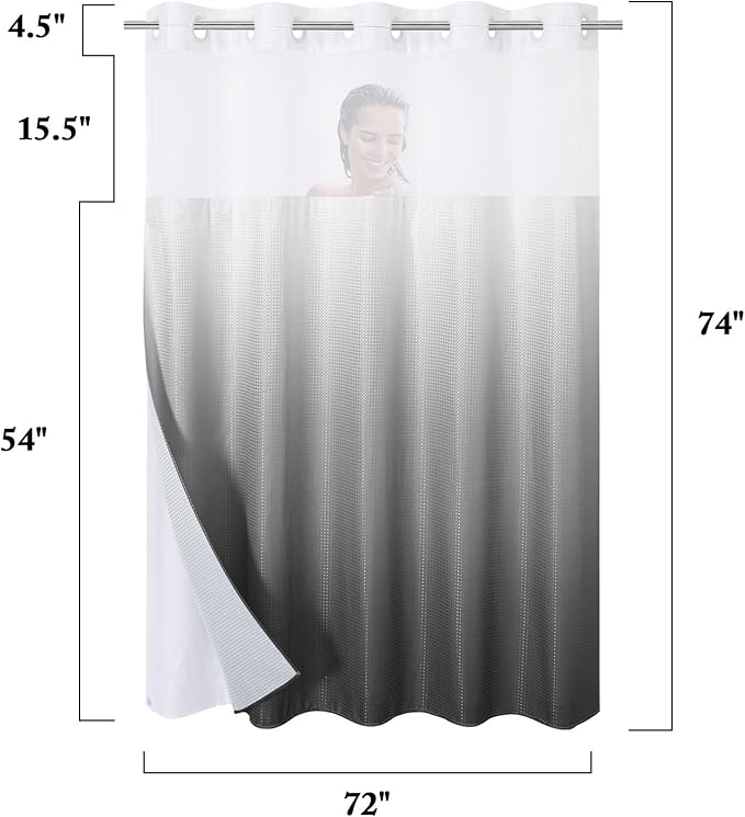 Gibelle No Hook Waffle Weave Shower Curtain with Snap-in Fabric Liner Set for Bathroom, Hotel Style with Mesh Top Window, Waterproof & Washable, Ombre Grey, 72x74