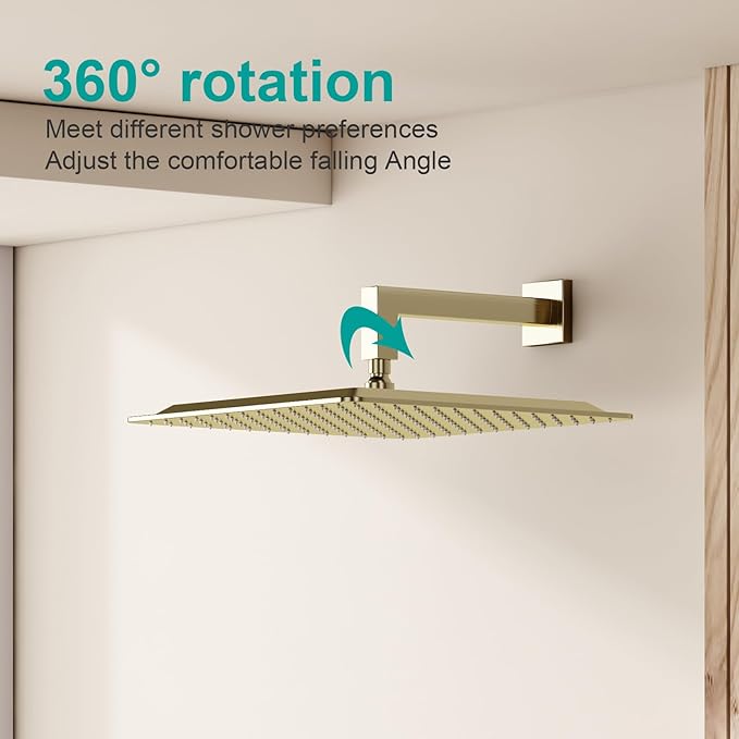 Square Rain Shower Head, High Flow Stainless Steel,Work with any decorative style，All Metal Rainfall Shower Head (Brushed Gold, 16)