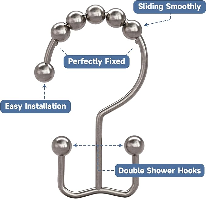 Titanker Shower Curtain Hooks Rings, Rust Resistant Metal Double Glide Shower Hooks Rings for Bathroom Shower Rods Curtains, Set of 24 Hooks - Nickel