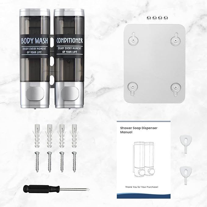 Shampoo and Conditioner Dispenser,GlintGath Shower Dispenser 2 Chamber No Drill Shampoo Dispenser for Shower Wall Mounted Shower Soap Dispenser for Bathroom Hotel,2 * 300ML,Silver