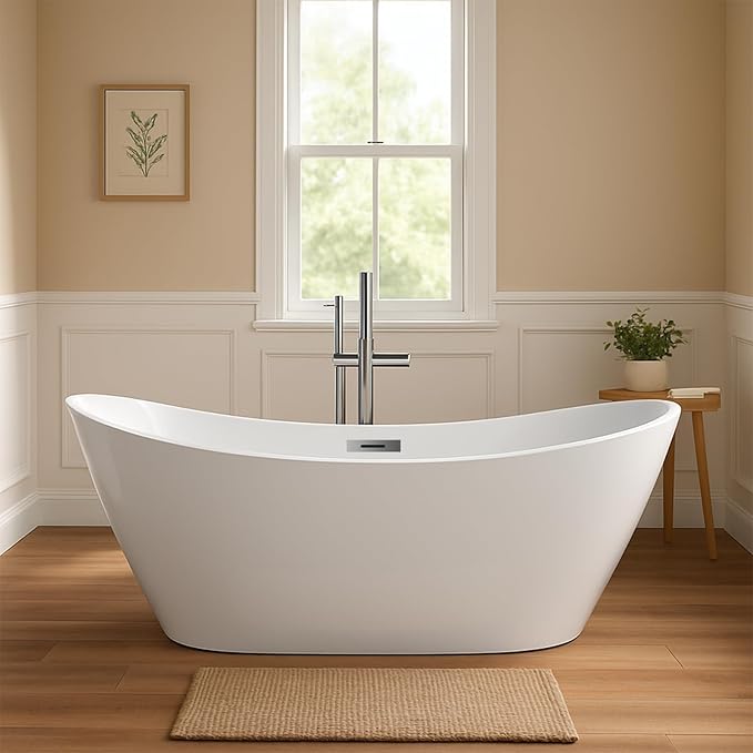 59 Inch Acrylic Freestanding Bathtub, Soaking Bathtub with Matte Drain and Overflow, Modern Square Tub with Deep Ergonomic Design, Double-Walled Insulation for Bathroom Relaxation, cUPC Certified