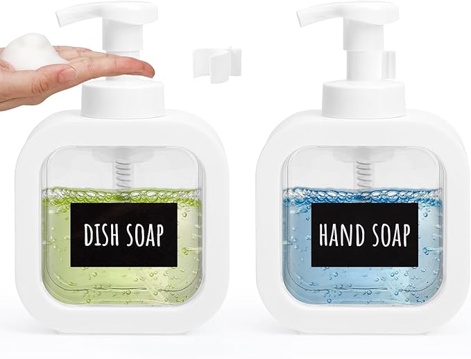 Segbeauty 10.1oz Foam Dish Soap Dispenser for Kitchen Sink, 300ml Square Foaming Pump Bottles for Bathroom Shower Shampoo, 2pcs White Empty Plastic Foam Hand Wash Dispenser Bottles with Label Stickers