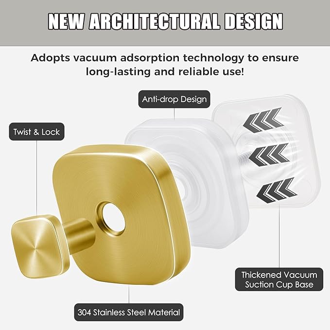 2Pcs Square Suction Cup Hook, 304 Stainless Steel Shower Hook, Removable Suction Cup Knob for Shower, Bathroom, Kitchen, Glass Door, Mirror (Gold)