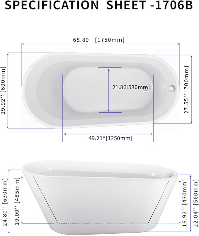 69" Acrylic Freestanding Bathtub, Single Slipper Free Standing Tub, Soaking Tub with Integrated Slotted Overflow, Toe-Tap Chrome Drain, cUPC Certified, Glossy White
