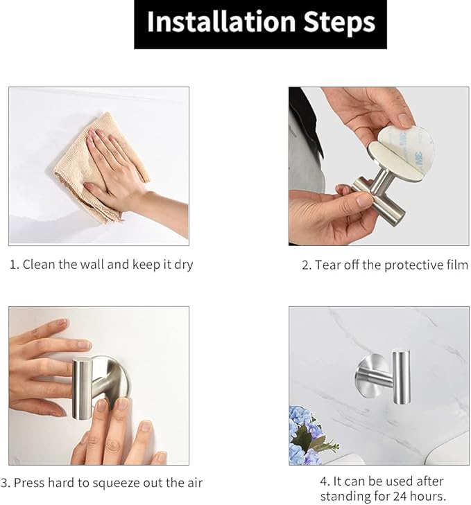 Vuzvuv Adhesive Brushed Nickel SUS304 Stainless Steel Towel Hooks – Heavy Duty Waterproof, Self-Adhesive Coat Robe Hook for Bathroom, Kitchen, Hotel (2-Pack)