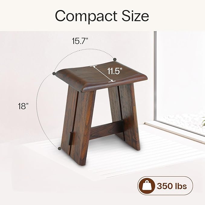 StrongTek Teak Shower Stool for Bathroom, Teak Bath Bench, 18" Height, Ergonomic Curved Seat, No Assembly Required, Compact & Stable Design, 350 lbs Capacity, Ideal for Shower, Spa & Home Use