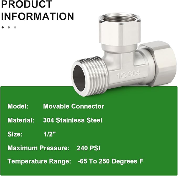 TAISHER 2PCS 304 Stainless Steel 3 Way Left&Top 2 Ends Flexible Movable Tee Connector, 1/2" Male for Sprayer, Angled Valve, Shower Arm