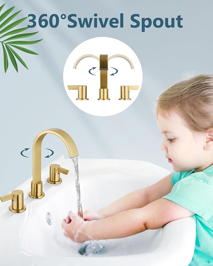 Aolemi Bathroom Faucets 3 Hole,8 Inch Widespread Waterfall Bathroom Sink Faucet,2 Handles Vanity Faucet with Pop-up Drain and Supply Hose,Brushed Gold