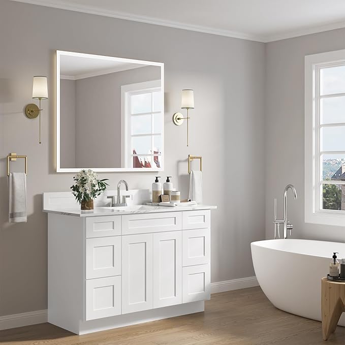 ROOMTEC Bathroom Cabinet, 48'' Free Standing Bathroom Vanity with 6 Drawers and 2 Doors,Soft-Close Drawer Slides Morden Bathroom Sink Vanity Storage Cabinet, Shaker White