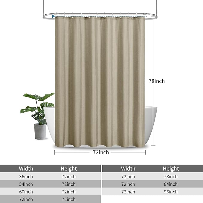 2-in-1 Waterproof Long Fabric Shower Curtain or Liner,Linen Textured,78 Inch Breathable TPU & Washable Bathroom Shower Curtain Set with 12 Plastic Hooks,Modern,72"x78" Khaki