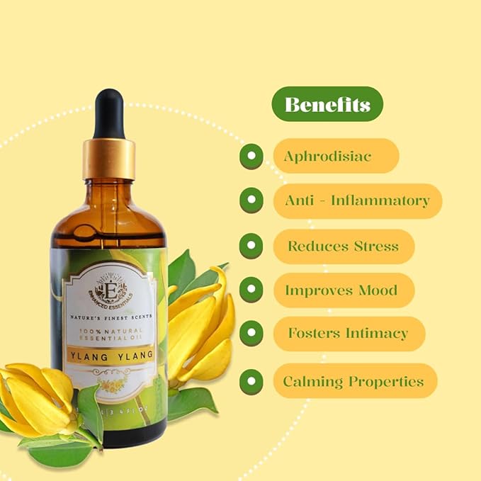 Luxurious YLANG YLANG Essential Oil by Enhanced Essentials|Slow Distilled & Pure| for Home,Diffusers,Skin Care,Aromatherapy,Bath, Massage,Perfume,Gifting,Soap and Candle Making|3.38 Fl Oz (100 ml)