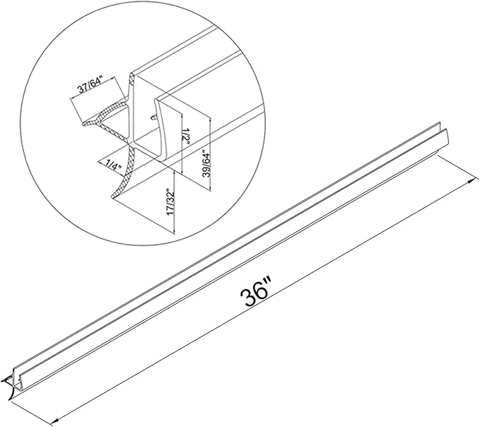Frameless Shower Door Bottom Seal, 36" Long Shower Sweep for 1/4" (6mm) Glass, Clear Vinyl with Drip Rail – Prevent Leaks & Create a Waterproof Barrier