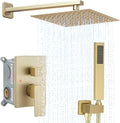 Brushed Gold Shower System YCAIKOI Wall Mount Shower Faucet Set for Bathroom 10 Inch High Pressure Luxury Shower Head with Handheld, Rough-in Valve Body and Trim Included