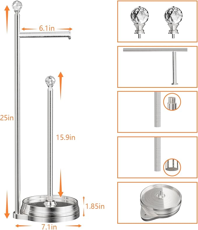 Toilet Paper Holder for Bathroom, Heavy Weighted Metal Free Standing Toilet Paper Holder Stand with Crystal Ball, Toilet Paper Roll Stand for Bathroom Accessories