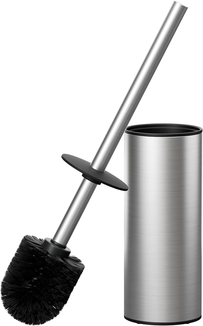 FORIOUS Toilet Brush and Holder Set Brushed Nickel, Heavy Duty 304 Stainless Steel Base and Long Handle Toilet Bowl Cleaners Brush, for Bathroom Storage and Organization, 2 Brush Head