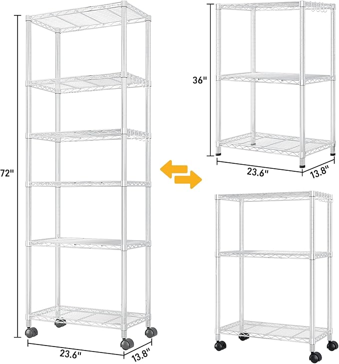 6 Tier Storage Racks Shelving, Heavy Steel Pantry Shelves, Adjustable Wire Shelving Rack with Wheels, Suitable for Garage, Kitchens, Offices, 24" W x 14" D x 72" H, Grey Silver