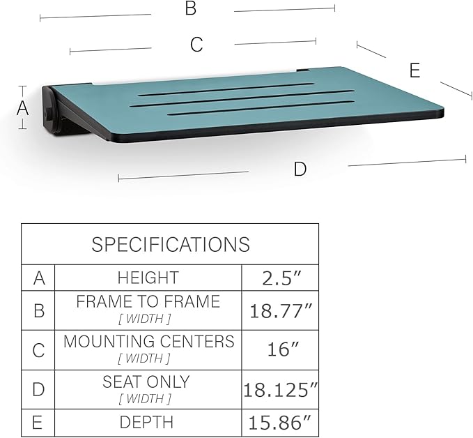 18 inch Silhouette Slimline Folding Wall Mount Shower Bench Seat, Teal Seat with Matte Black Frame