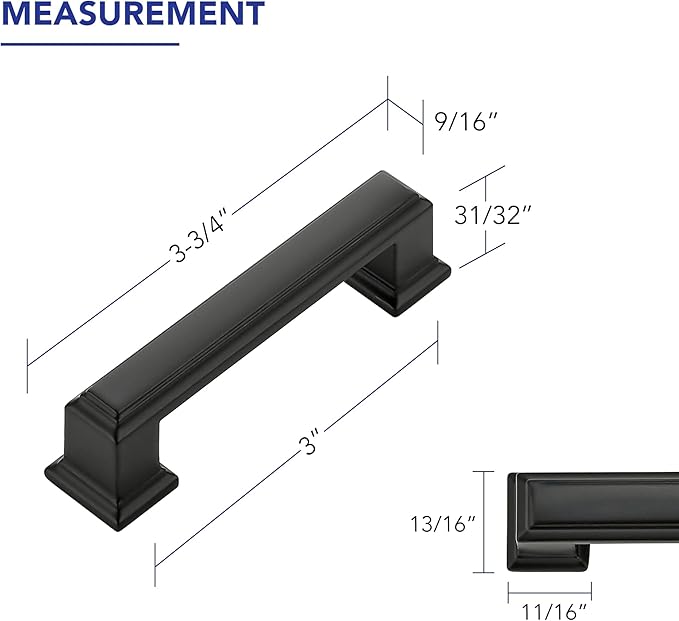 Ravinte Hardware 25 Pack Matte Black Cabinet Pulls, 3 Inch (76mm) Hole Center Zinc Alloy Drawer Handles for Kitchen Cabinets, Cupboards, Dressers, Square Solid Metal Hardware