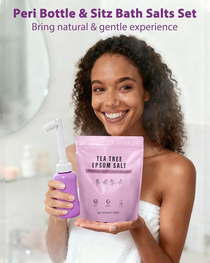 Peri Bottle Sitz Bath Salts Set - New Portable Bidet and Sitz Bath Soak for Postpartum Care, Hemorrhoid Treatment Comfort Relief Faster Recovery