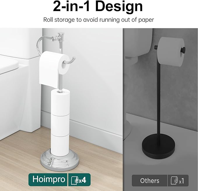Hoimpro 25" Toilet Paper Holder Free Standing, Floor Bathroom Toilet Paper Tissue Roll Holder with Shelf Storage Stand for 4 Rolls, Freestanding Handle Hardware Accessories Rack Polished Chrome