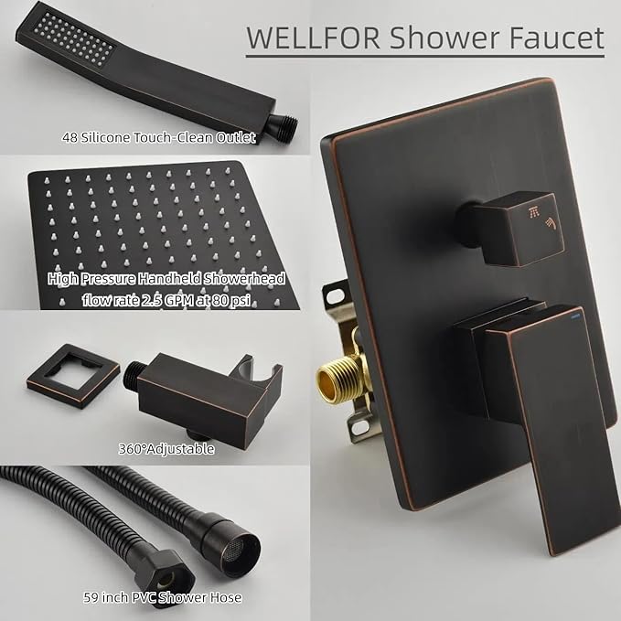 WELLFOR10-in Wall Mounted Shower Faucet Set Dual Head Built-In Shower Faucet System, 2.5 GPM, Bathroom Shower Faucets Sets Complete with 2-way Diverter & Pressure-balanced Valve, Oil-Rubbed Bronze