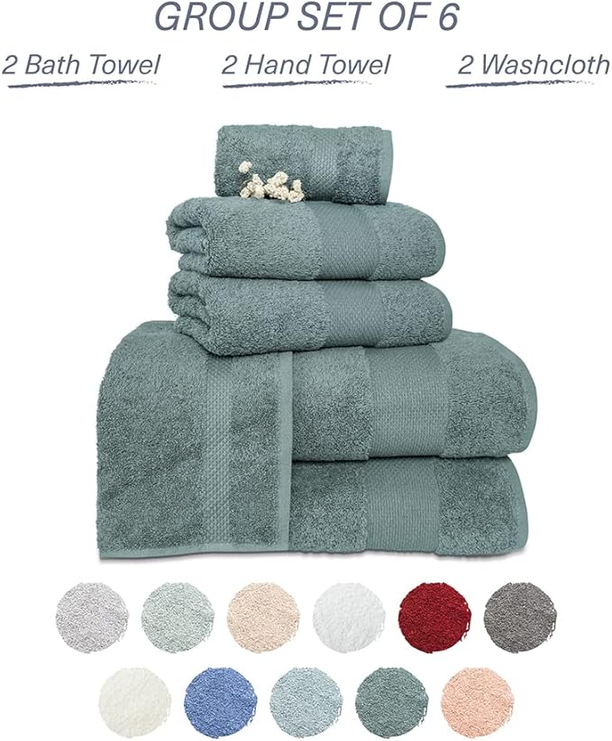 Hencely 6-Piece Bath Towel Set - High Absorbency, Quick Drying - 100% Soft Turkish Cotton - 2 Bath Towels, 2 Hand Towels, 2 Washcloths - for Bathroom, Home, Hotel, Spa, and Gym - 6-Pack Dark Green