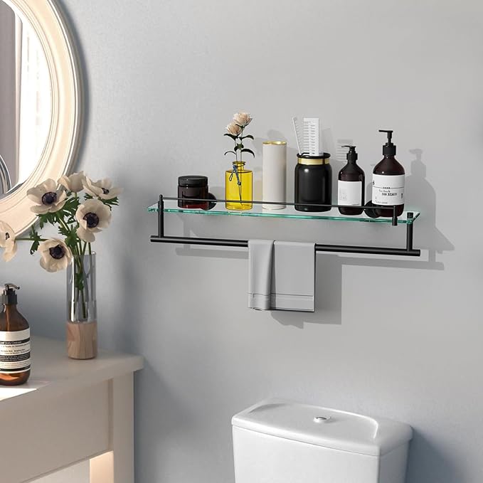 Towel Rack with Tempered Glass Shelf for Bathroom 24 Inch, Matte Black Towel Holder Wall Mount Storage Rustproof SUS304 Stainless Steel Towel Hanger