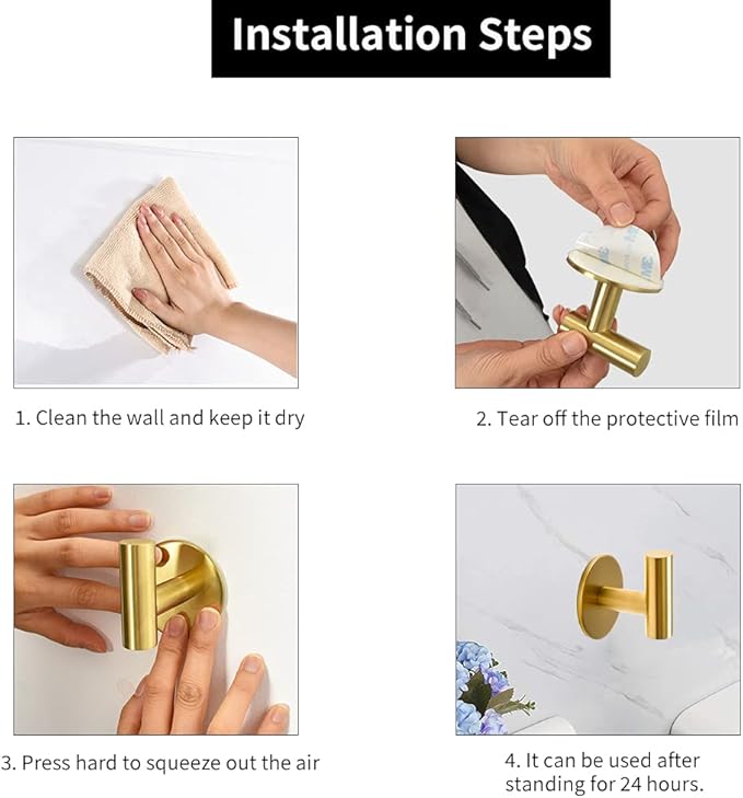 Vuzvuv Adhesive Brushed Gold Hooks, SUS304 Stainless Steel Self-Adhesive Towel Coat Robe Heavy Duty Waterproof Hook for Bathrooms Kitchen Hotel (2-Pack)