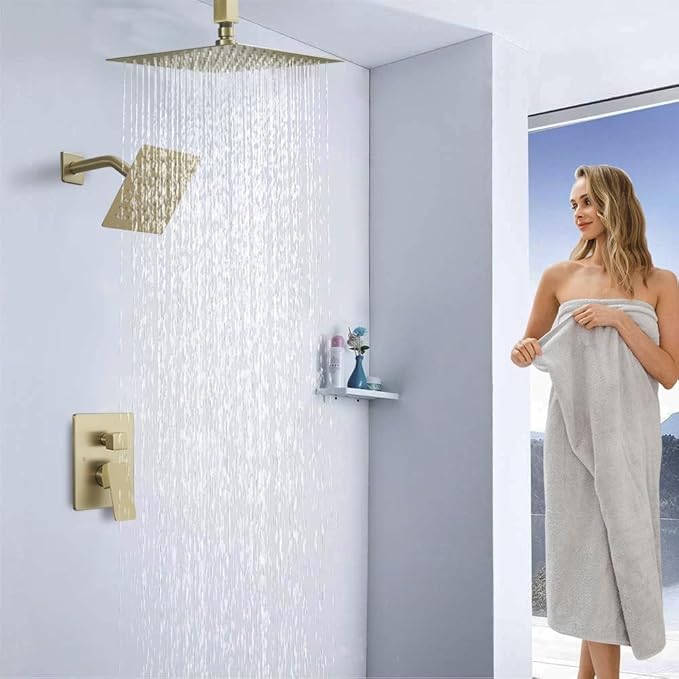Shower Faucet Set Brushed Gold Shower System, Ceiling Mount 10 Inch Shower Head with 6 Inch Wall Mount Shower Head, Knob Switch Diverter Shower Faucet, Rough-in Valve Body and Trim Included