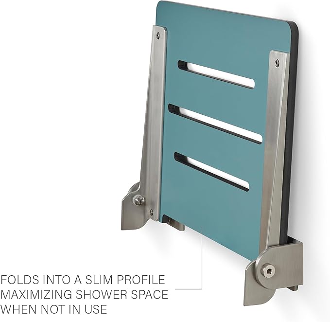18 inch Silhouette Slimline Folding Wall Mount Shower Bench Seat, Teal Seat with Silver Frame