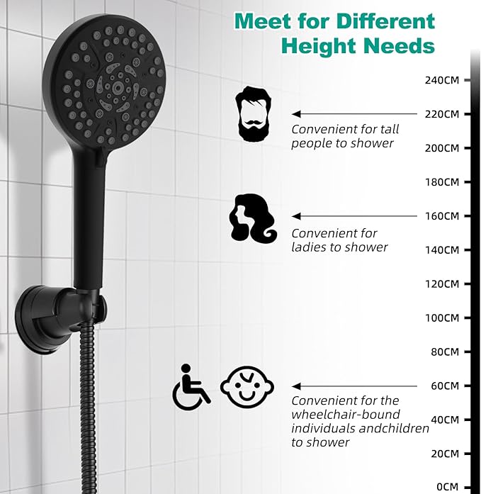Hibbent Vacuum Suction Cup Shower Head Holder, Removable Showerhead Bracket, Height Adjustable Shower Wand Holder & Wall Mount ABS Plastic Suction Holder for Handheld Shower Head, Matte Black
