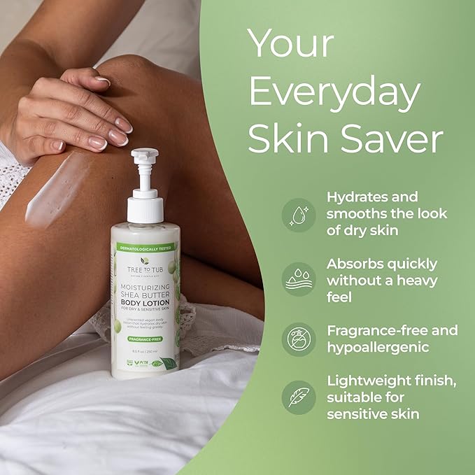 Tree to Tub Unscented Shea Butter Body Lotion for Dry Skin - Fragrance Free Lotion,Vegan Body Moisturizer, Good for Sensitive Skin for both Women & Men