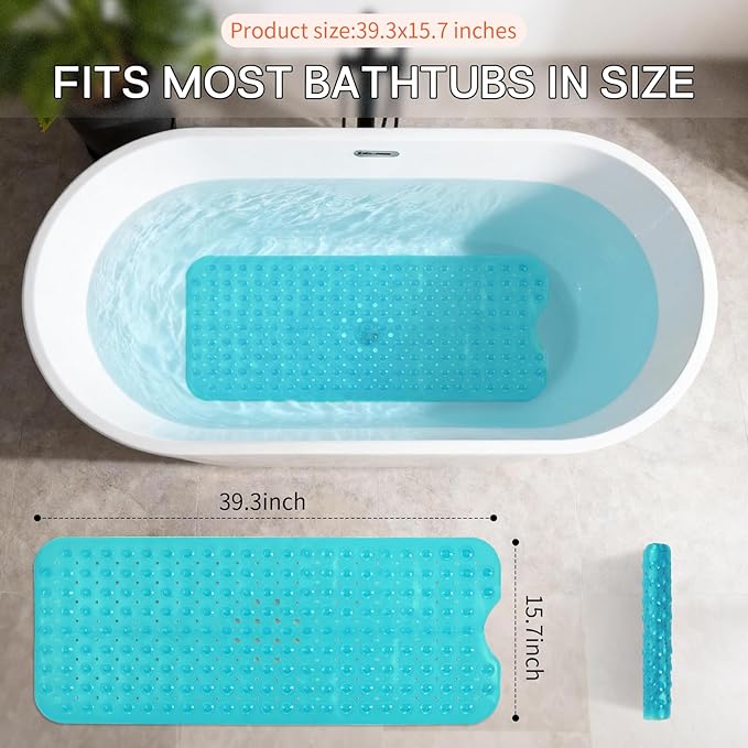 Anti-Slip Bathtub Shower mat, 39.3×15.7 inch（Approximately 100 × 40cm） Soft Oversized Machine Washable Non-Slip Bathtub mat with Drainage Holes, Bathroom Floor Suction Cup.（1-Clear Green）