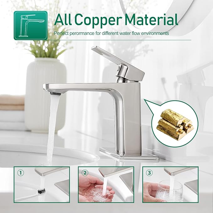 VOTON Bathroom Faucet Brushed Nickel Single Handle Bathroom Faucet 1 or 3 Hole Bathroom Sink Faucet with Deck Plate RV Bathroom Faucet 1.2 GPM