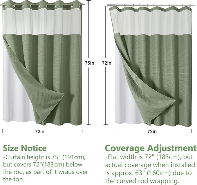 VANZAVANZU Hookless Shower Curtain with Mesh Top and Snap in Waterproof Liner, Waffle Weave, Weighted Magnets Hem, Machine Washable, 72 x 75 Inches – (Green)
