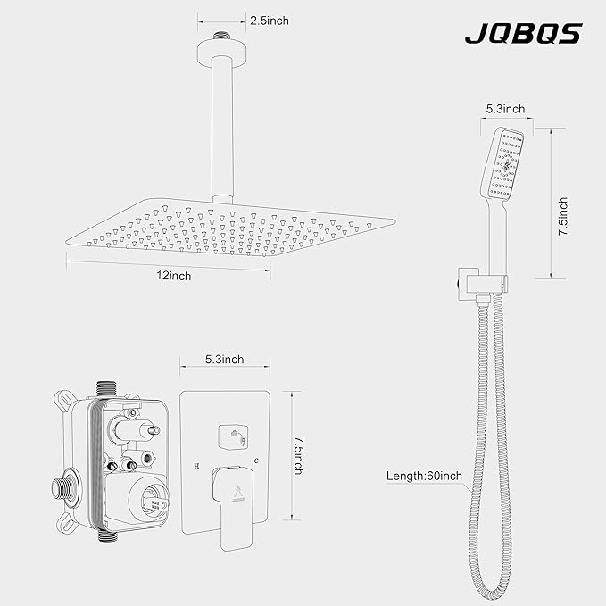 Shower System Modern Rain 8 inches Brass Faucet Set With Valve and Diverter Shower Mixer With Handheld High Pressure Square Rainfall Shower Valve (12'' Ceiling Mount, Chrome Polished)
