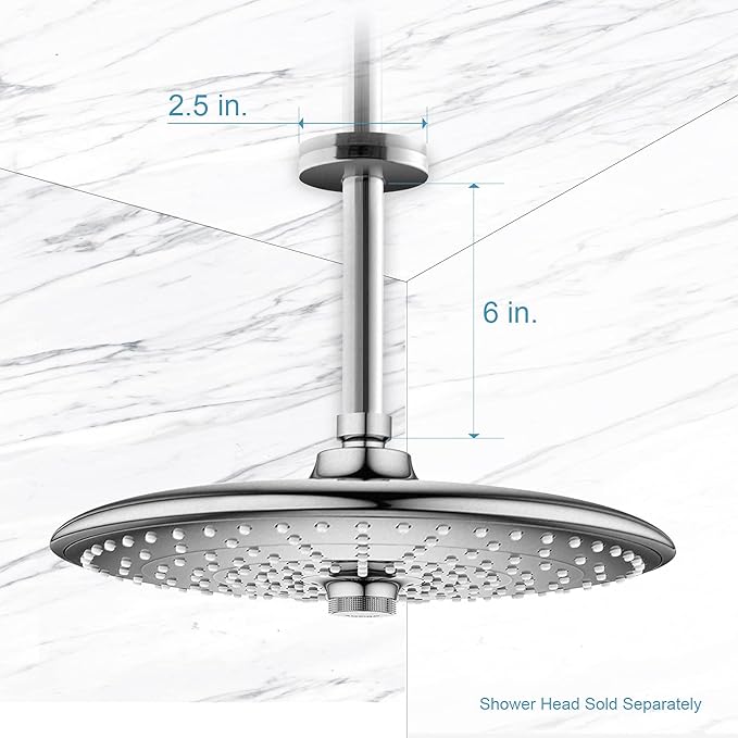 OFFO Shower Arm with Flange, 6 in Brushed Nickel Ceiling Mount Replacement Rain Shower Head Straight Arm Ceiling-Mounted For Fixed Shower Head & High Pressure Rain