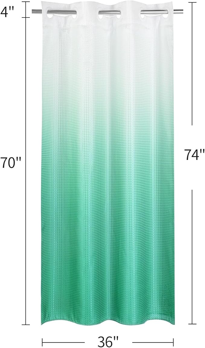 MitoVilla Teal Ombre Waffle Small Stall Shower Curtain Liner Set 36 x 74, No Hooks Required Turquoise Half Size Narrow Fabric Cloth Shower Curtain Set with Snap-in Liner for Modern Bathroom Decor
