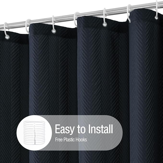 Gibelle Navy Blue Shower Curtain, 3D Embossed Textured Herringbone Fabric Shower Curtain, Modern Farmhouse Bathroom Decor Soft Cloth Shower Curtain Set with Hooks, 72x72