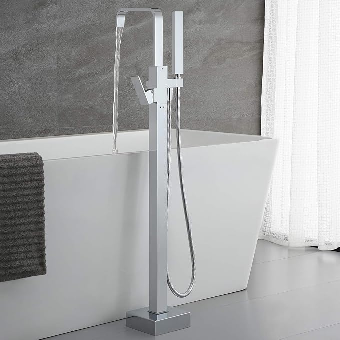 Freestanding Tub Filler Bathtub Faucet Chrome Waterfall Floor Mount Single Handle Brass Bathroom Faucets with Handheld Shower
