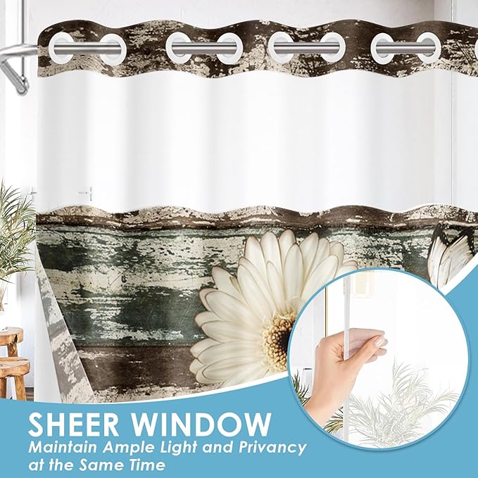 No Hook Vintage Flower Shower Curtain with Snap in Fabric Liner Set, Daisy Wooden Boards Double Layers Waterproof Fabric with See Through Top Window Open Grommet Bath Curtain 54x80 Inch