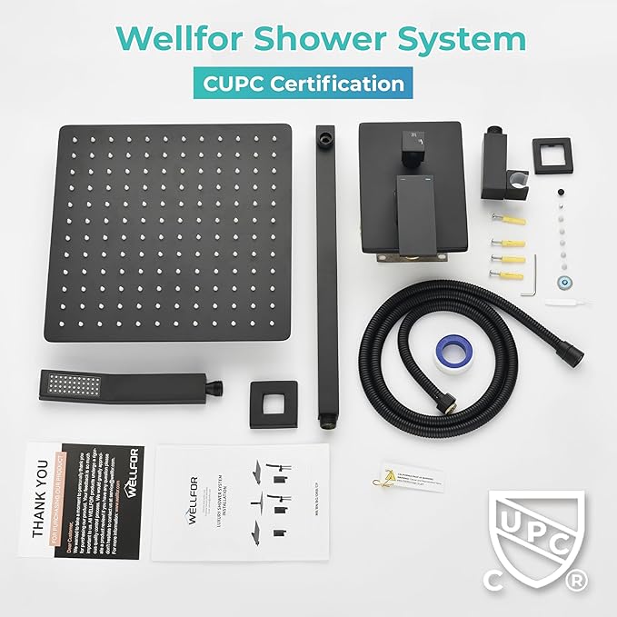 WELLFOR 12-In Wall Mounted Rain Shower Faucet with Single Handle and Handheld Spray, Waterfall Dual Head Shower Head System with 2-way Diverter, Pressure-balanced Valve Included, Matte Black
