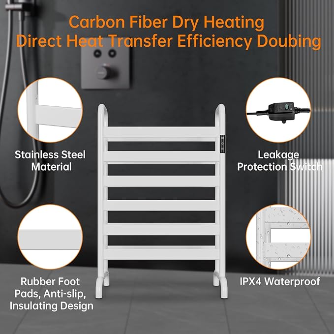 Towel Warmer Rack, Electric Heated Towel Rack for Bathroom, Freestanding Adjustable Temperature 110–170°F with Timer & Overheat Protection, Large Aluminum Towel Heater, 12 Fast Heating Bars