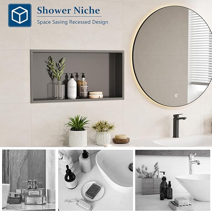Neodrain 24X12Inch Shower Niche, Gun Metal Stainless Niche NO Tile Needed Recessed Shower Shelf for Bathroom Storage