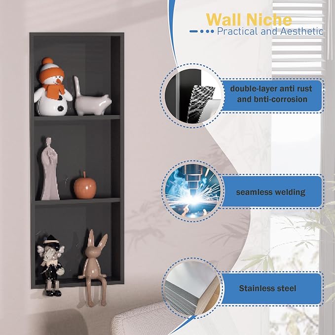 Black Stainless Steel Shower Niche 36" X 12" ，Recessed Shower Shelf for Bathroom Storage，Three-Tier Shelves， Matte Black (Black, 36 * 12 in)