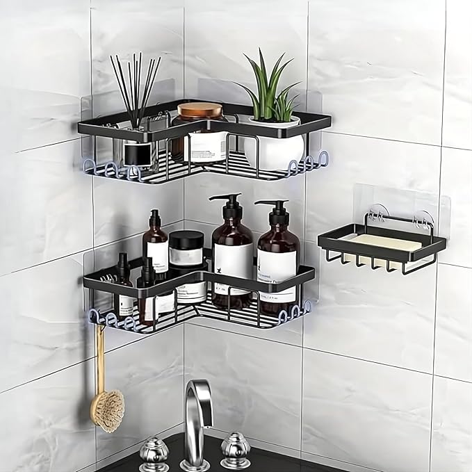 Shower Caddy Corner Shelf with Soap Holder, No Drill Adhesive Wall Mounted with Hooks - Rustproof Stainless Steel Rack by ARK.