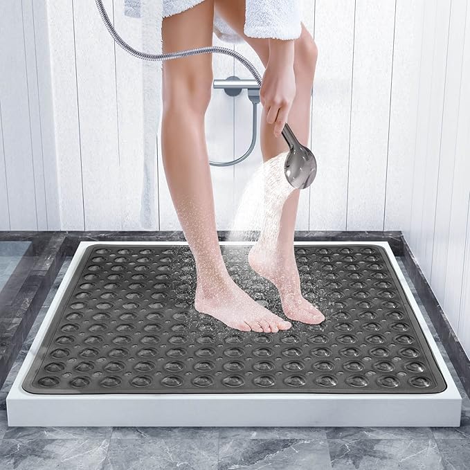Yimobra Shower Stall Mat Non Slip, 21x21 Inch, Soft Square Bath Mat for Shower with Suction Cups and Drain Holes, Stall Floor Mats for Bathroom, Machine Washable, Bathroom Accessories, Black
