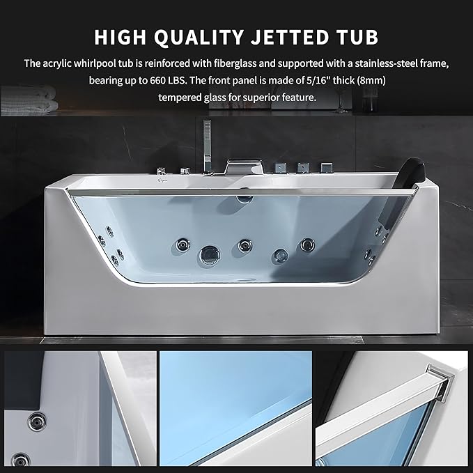 Empava 59" Acrylic Alcove Whirlpool Bathtub - 11 Jets Hydromassage with Chromatherapy, 750W, 58 Gallons, 3-Side Apron, Waterfall Faucet & ETL Certified