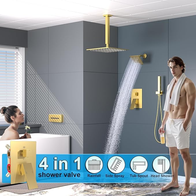 ENGA Shower System with Tub Spout, Bathtub Shower Faucet Combo Set - 10" & 6" Square Rain Shower Heads with 2 in 1 Handheld Spray, 4 Way Water Diverter, Brushed Gold